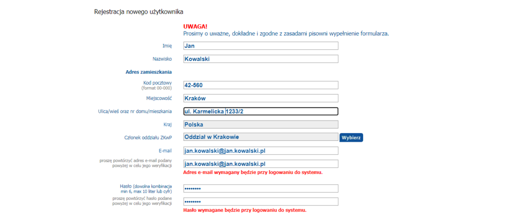 uzupełnione dane - rejestracja konta wystawy.net