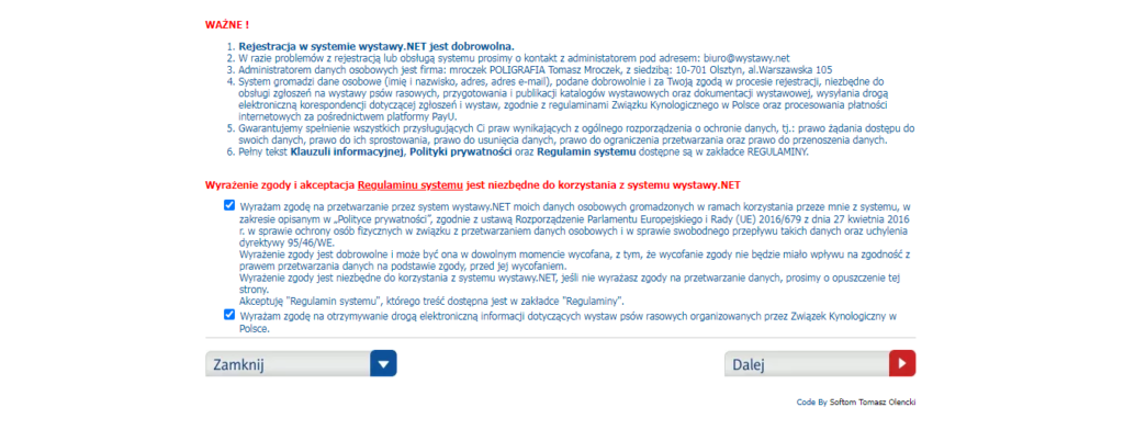 sekcja RODO i akceptacji regulaminu na wystawy.net
