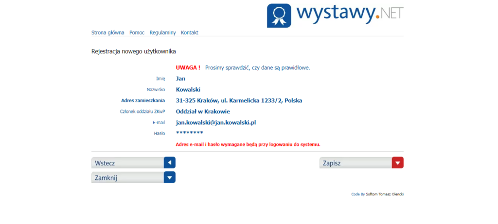rejestracja nowego użytkownika wystawy.net - sprawdzenie danych