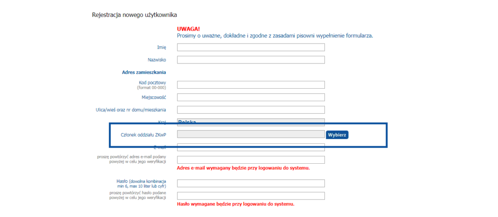 wybór członka oddziału podczas rejestracji konta na wystawy.net
