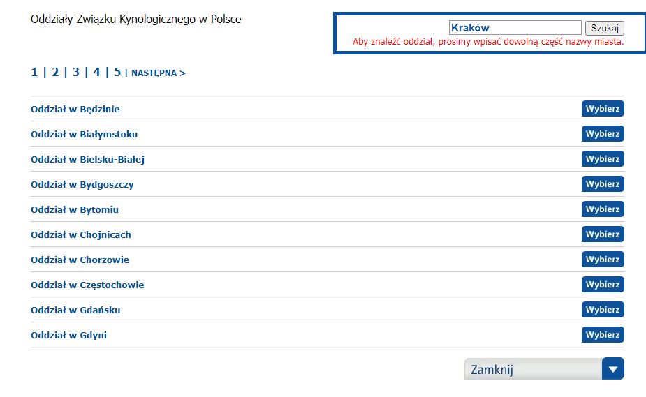 wybór oddziału podczas rejestracji konta wystawy.net